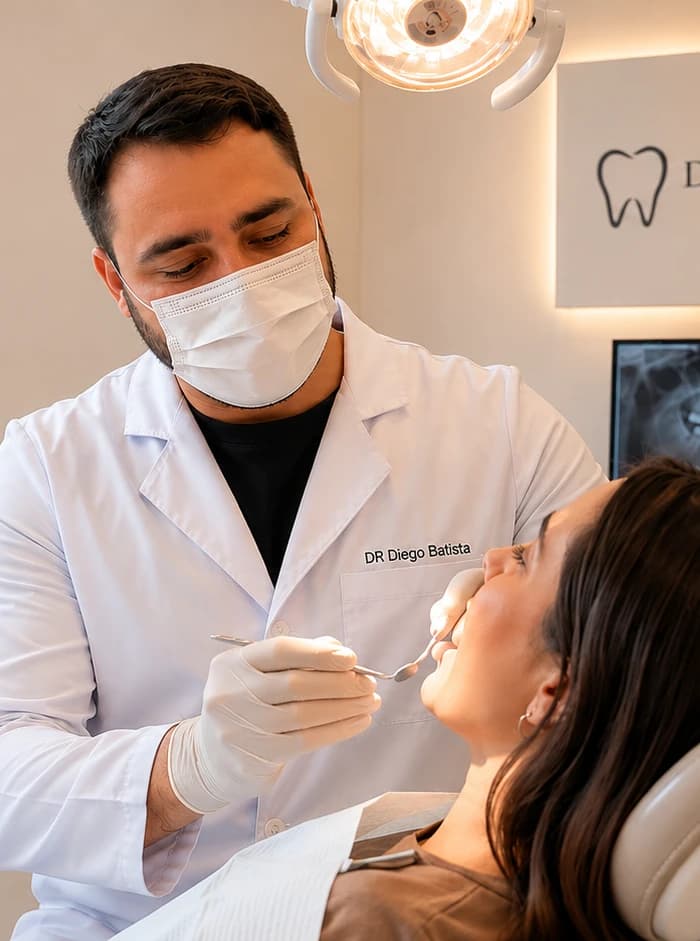 Dr. Diego atendendo uma paciente em consultório da DPL Odontologia